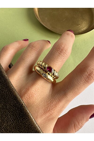 ringbox Gold Fuşya Taşlı 2'li Yüzük