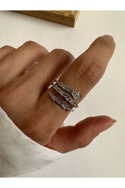 ringbox Silver Colored Coiled 3 Row Zircon Stone Snake Model Ring