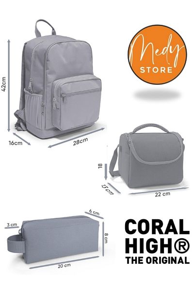 Coral High Gray Cat Pattern - 3-Piece School Bag Set