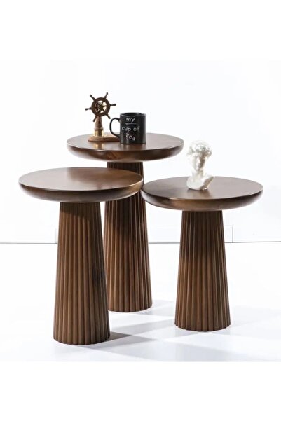Simillo Home&Living Wood Wooden 3’lü Set Fitilli Mantar Yan Sehpa Modern Koyu...