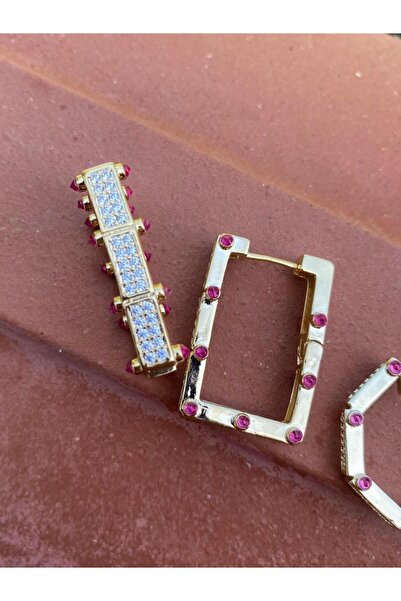 Niceboutique Pembe Taşlı Gold Çelik Serenay Küpesi