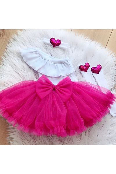 Kokosh kidss Girl's Fuchsia Color Tutu Skirt Crop Top, Bandana and Socks Set