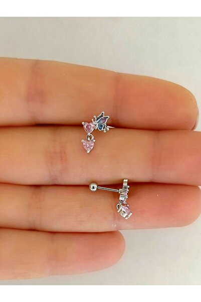 Arescollection CERRAHİ ÇELİK ZİRKON TAŞLI PEMBE KALPLİ TRAGUS KIKIRDAK HELİX LOBE UYUMLU PİERCİNG KÜPE ( 1 ADET)