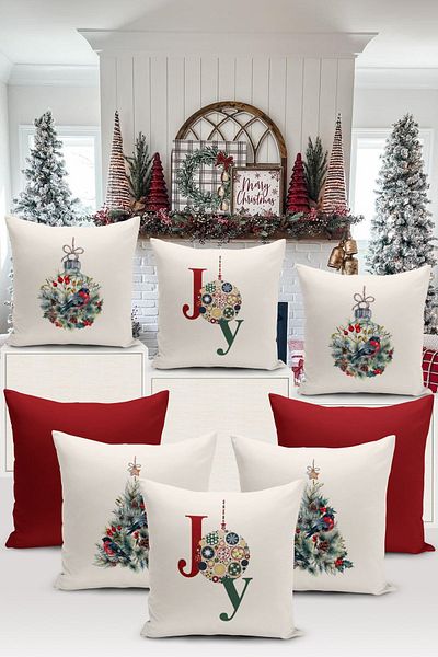 Bertille Home New Year Series - Double Sided Digital Printed 8-Piece Throw Pillow Cover Set (Christmas Christmas Pillow Cover)