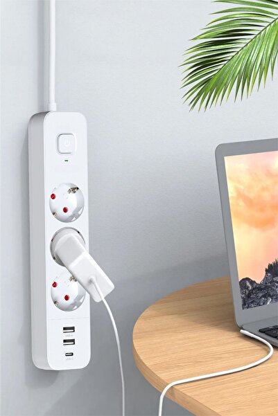 Vetech 1.8mt Akım Korumalı Priz 3 Lü Grup Priz Çocuk Korumalı 2 USB +1 Type C Girişli 3lü Priz