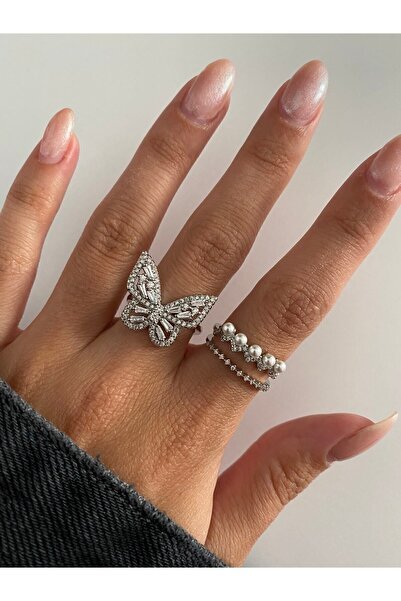 ringbox Gümüş Renkli Incili Çift Sıra Zirkon Taşlı Yüzük