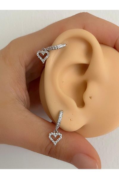 Arescollection Zircon Stone Heart Dangle 1 Piece Ring Helix Cartilage Lobe Compatible Piercing Earrings
