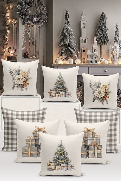 Bertille Home New Year Series - Double Sided Digital Printed 8-Piece Throw Pillow Cover Set (Christmas Christmas Pillow Cover)