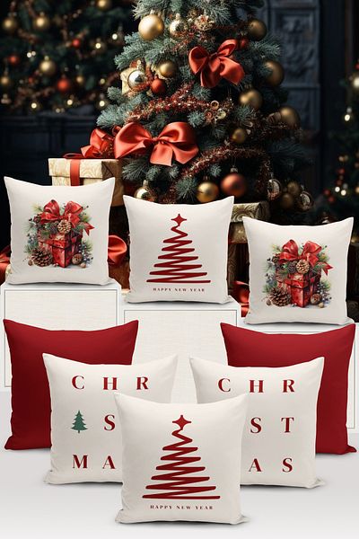 Bertille Home New Year Series - Double Sided Digital Printed 8-Piece Throw Pillow Cover Set (Christmas Christmas Pillow Cover)