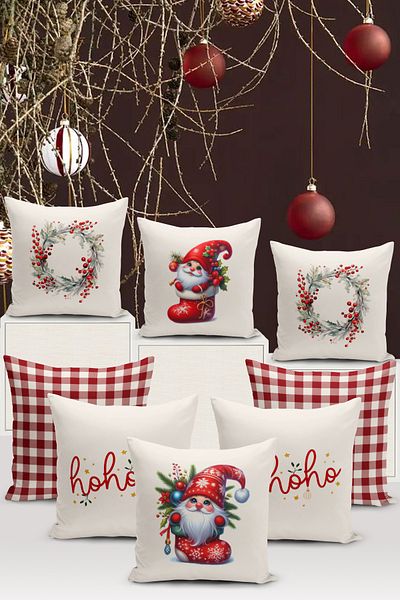 Bertille Home New Year Series - Double Sided Digital Printed 8-Piece Throw Pillow Cover Set (Christmas Christmas Pillow Cover)