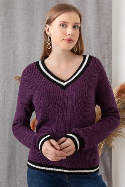 AQE FASHION Pulover de damă cu dungi mov cu decolteu în V
