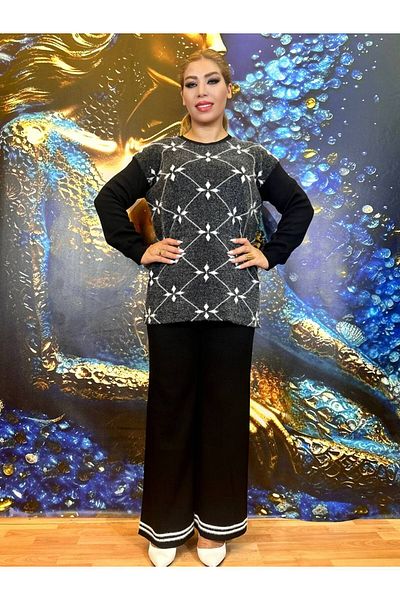 Yeşilmoda High Quality Cotton Tunic and Trousers Set - Rhinestoned Embroidered and Thick Fabric