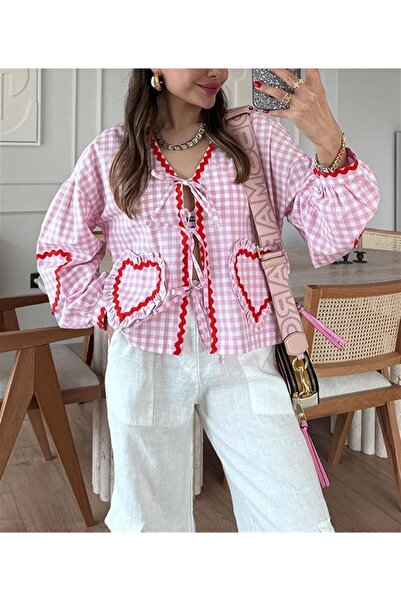 Butik İnci Wears Pötikareli Pembe Kalpli Gömlek