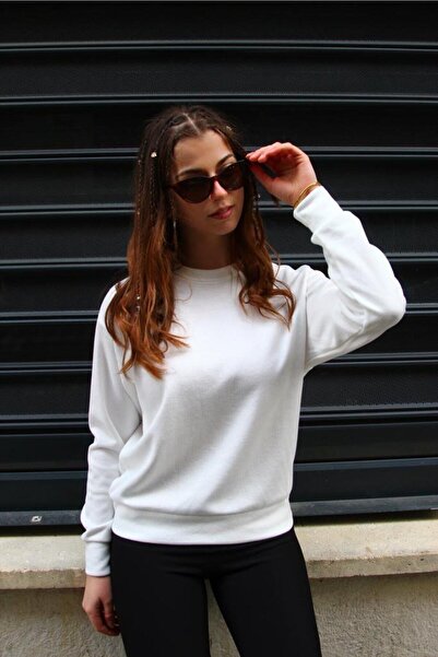 SAWEAR Beyaz Bisiklet Yaka Basic Sweatshirt