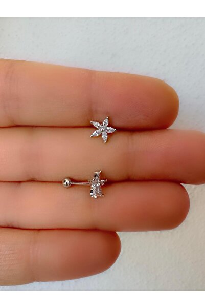 Arescollection ZİRKON TAŞLI  1 ADET ÇİÇEK MODEL TRAGUS HELİX KIKIRDAK LOBE UYUMLU PİERCİNG KÜPE