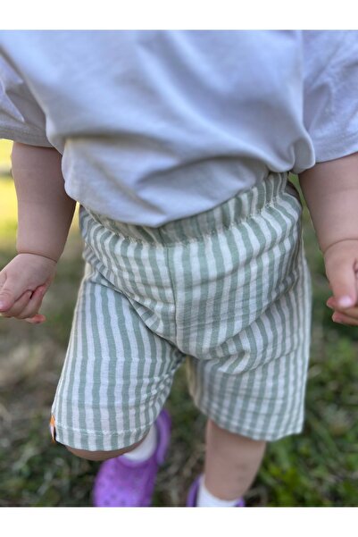 runbaby Green Striped 100% Cotton Muslin Baby Shorts - Double Layer