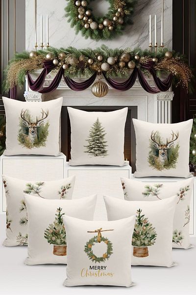 Bertille Home New Year Series - Double Sided Digital Printed 8-Piece Throw Pillow Cover Set (Christmas Christmas Pillow Cover)