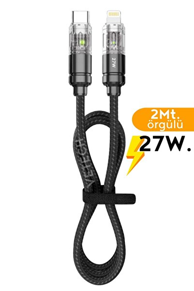 Vetech 27W Type-C to Lightning Şarj Kablosu iPhone Uyumlu 2Mt