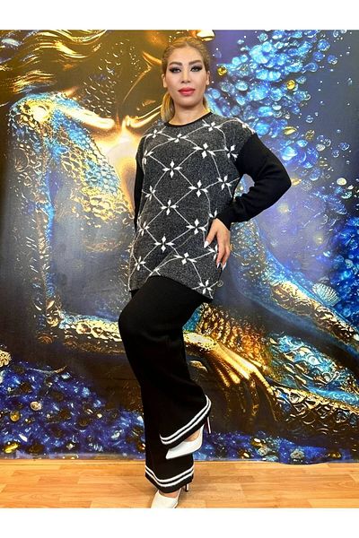 Yeşilmoda High Quality Cotton Tunic and Trousers Set - Rhinestoned Embroidered and Thick Fabric