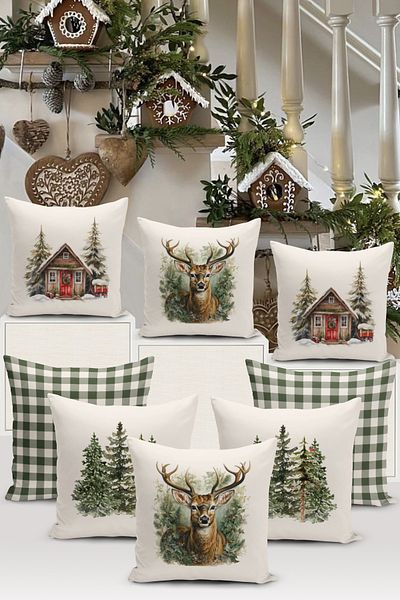 Bertille Home New Year Series - Double Sided Digital Printed 8-Piece Throw Pillow Cover Set (Christmas Christmas Pillow Cover)