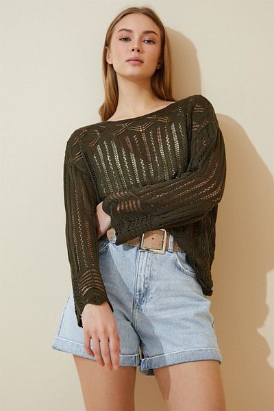 AQE FASHION Γυναικεία διάτρητη πλεκτή χακί μπλούζα