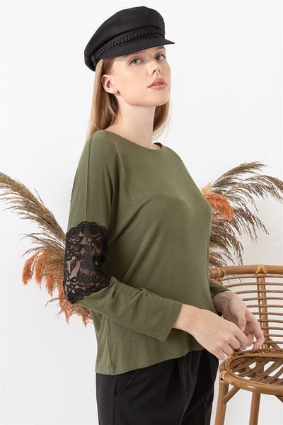 AQE FASHION Women's Khaki Sleeve Lace Detailed Blouse