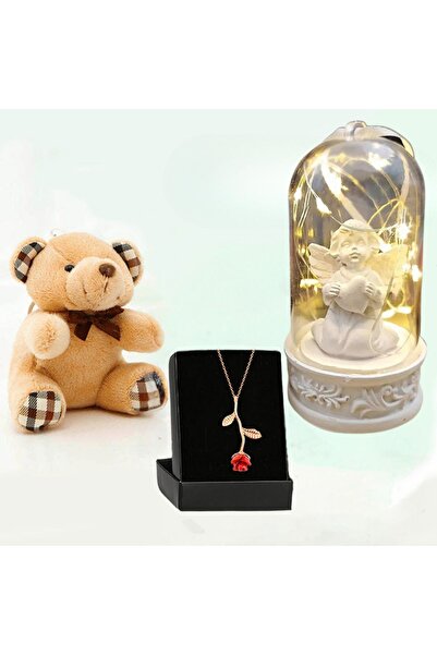 rk tasarım Masum Melek Işıklı Fanus & Mini Peluş Ayıcık ve Gül Kolye  HEDİYE