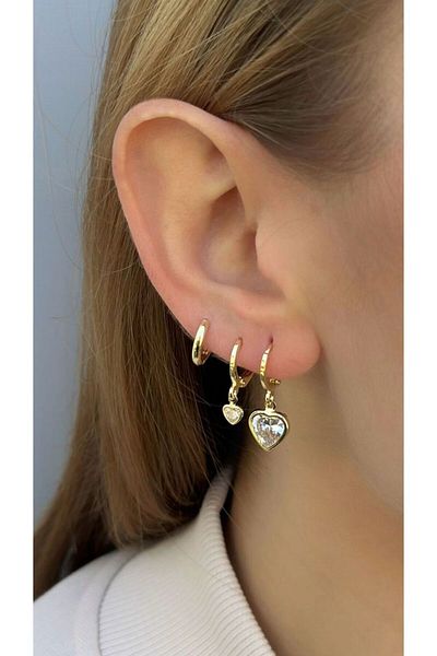 Arescollection مجموعة أقراط حلقية على شكل قلب مكونة من 3 قطع مرصعة بأحجار الزركون