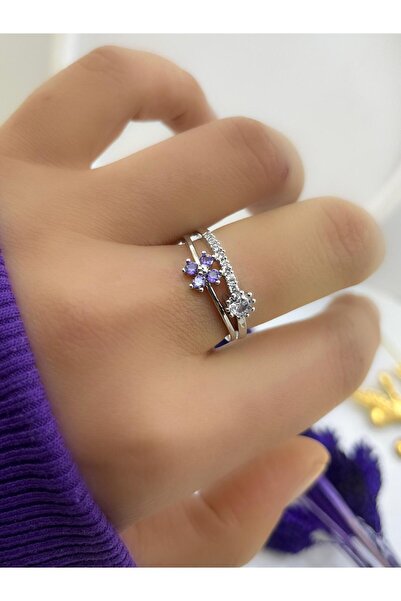 Arescollection MOR RENK ZİRKON TAŞLI YONCALI İKİ SIRA KARARMAZ ŞANS YÜZÜĞÜ