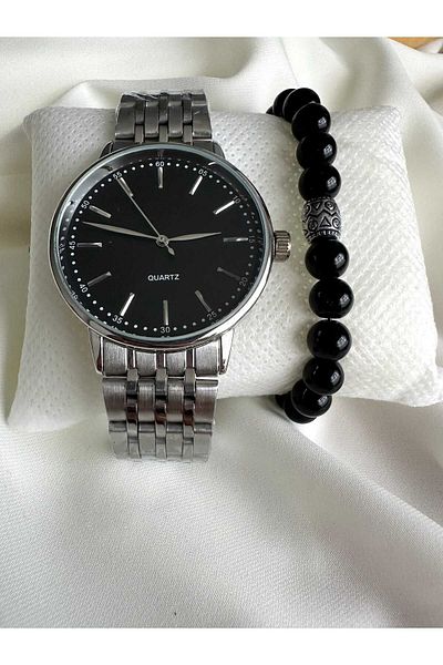 Spectrum Men's Silver Colored Steel Cord Wrist Watch and Bracelet Gift