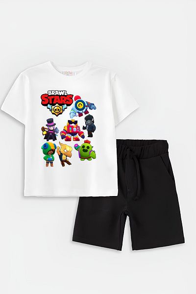 AEMİ White Brawl Stars Printed Children's T-shirt and Shorts Set - 100% Cotton
