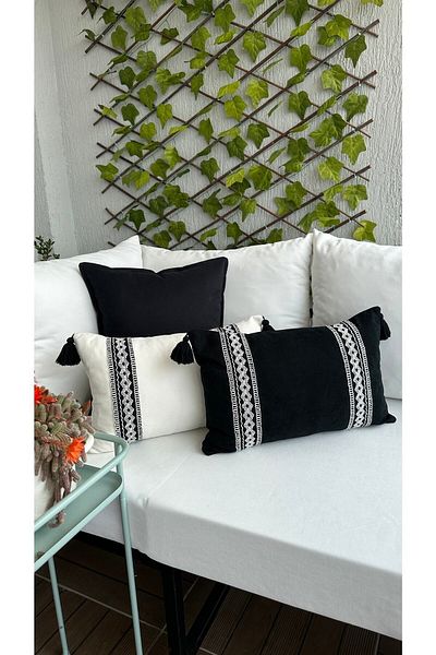 Decamor home Ασπρόμαυρο Σετ Μαξιλαροθήκη Ριχτάρι Bohemian 3 τεμαχίων - Λεπτομέρεια χτένι και φούντα