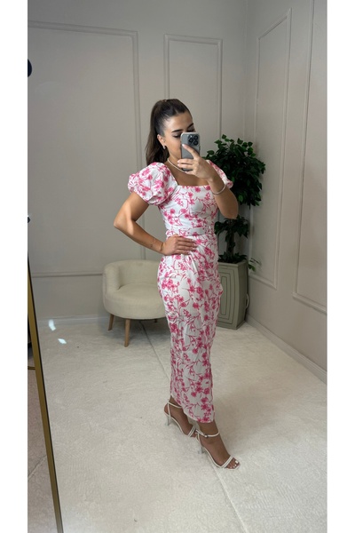 butiktulayyalcintas Çiçek desenli kemerli kısa kollu elbise