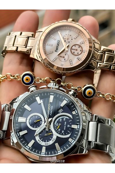 Ferrucci Silver/Rose Colored Steel Cord Lover's Watch and Wrist Gift