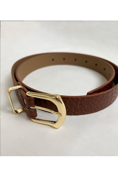Caramel Butik Tan Crocodile Pattern Gold Buckle Women's Belt