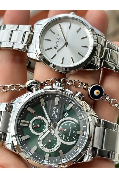 Ferrucci Silver/Green Steel Band Lover Watches - Rosary Bracelet Gift