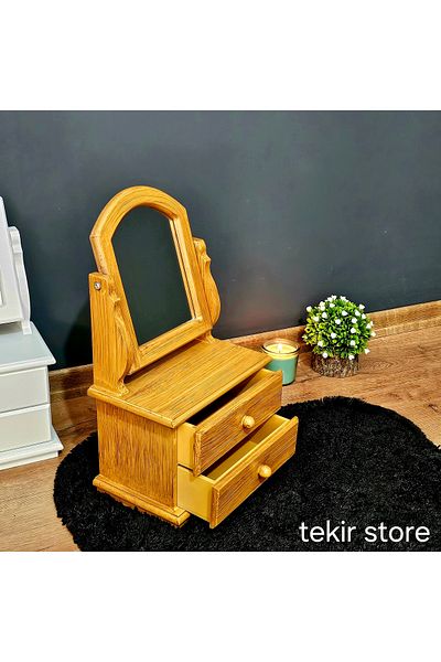 Tekir Античен бамбуков органайзер за кутии за бижута и гримове с 2 чекмеджета и огледало - плосък модел, дървен, подвижен