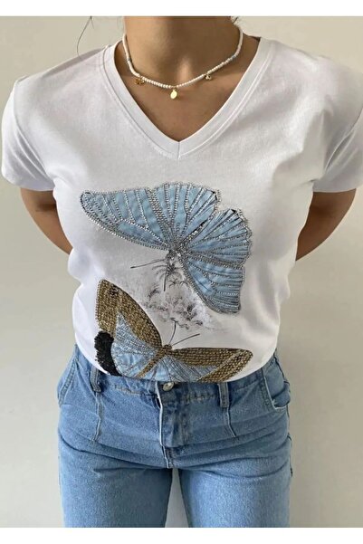 Esra Butik Hane Kadın V Yaka Kelebek Pul Işlemeli %100 Pamuk Tişört