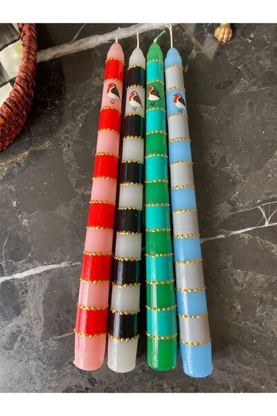 Handmade el boyama pip love birds temalı 4 farklı renkte şamdan mumu konik mum