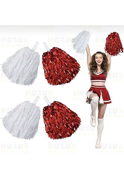 GÜLSE 1 Pair of Red and White Pompoms - Cheerleading Show Pompoms - April 23 Pompoms Color