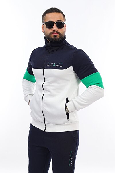 TOMMY LIFE Men's Zippered Stand Collar Color Transition Print Detailed Raised Tracksuit Set 85186 Ecru-Indigo