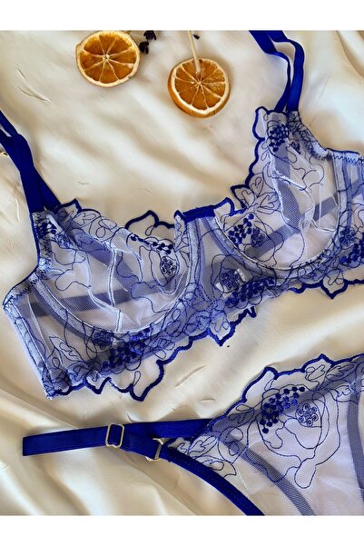 ROZENİN LINGERIE Σετ σουτιέν από τούλι χωρίς καπάκι με μπλε φλοράλ