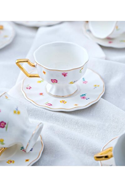 Kosova Özel Tasarım 6 Kişilik Ayaklı Çiçekli Kahve Fincan Takımı