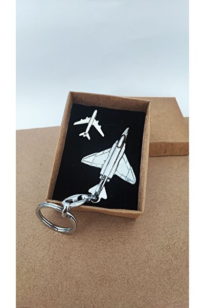 cacatasarım Uçak Yaka Rozeti Ve Uçak Anahtarlık 2'li Set Metal Gümüş Renk Hediye Kutusunda Pilot Hostes