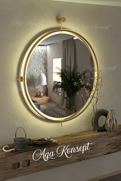 SEVİNÇ KONSEPT Istanbul Gold Kablosuz Led'li Ayna, Metal Dekoratif Hol Duvar Salon Mutfak Banyo Ofis Makyaj Aynası