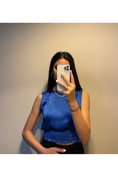 Abalı MAVİ SIFIR KOL SATEN BLUZ