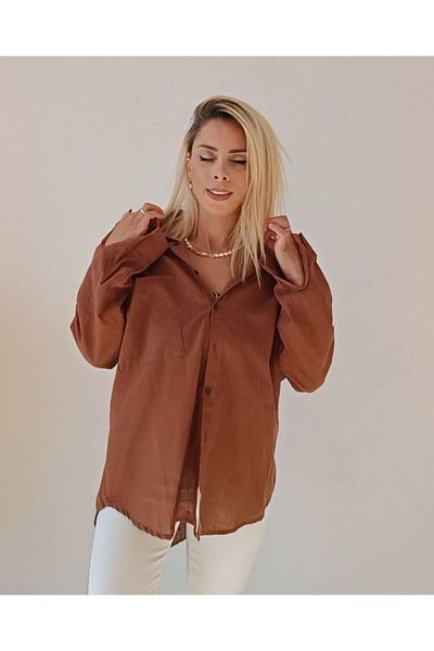 HC Boutique Υπερμεγέθη λινό πουκάμισο - Μεγάλη μονή τσέπη, νέο μοντέλο