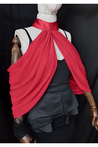 es moda shop Κόκκινο βραδινό φόρεμα σιφόν - Νυφικό περιτύλιγμα με κουμπιά Ran...