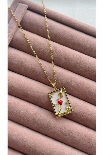 yiğit aksesuar Tarot Patterned Steel Necklace - Zircon Stone Frame Necklace