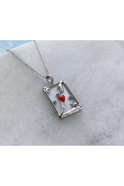 yiğit aksesuar Tarot Patterned Steel Necklace - Zircon Stone Frame Necklace